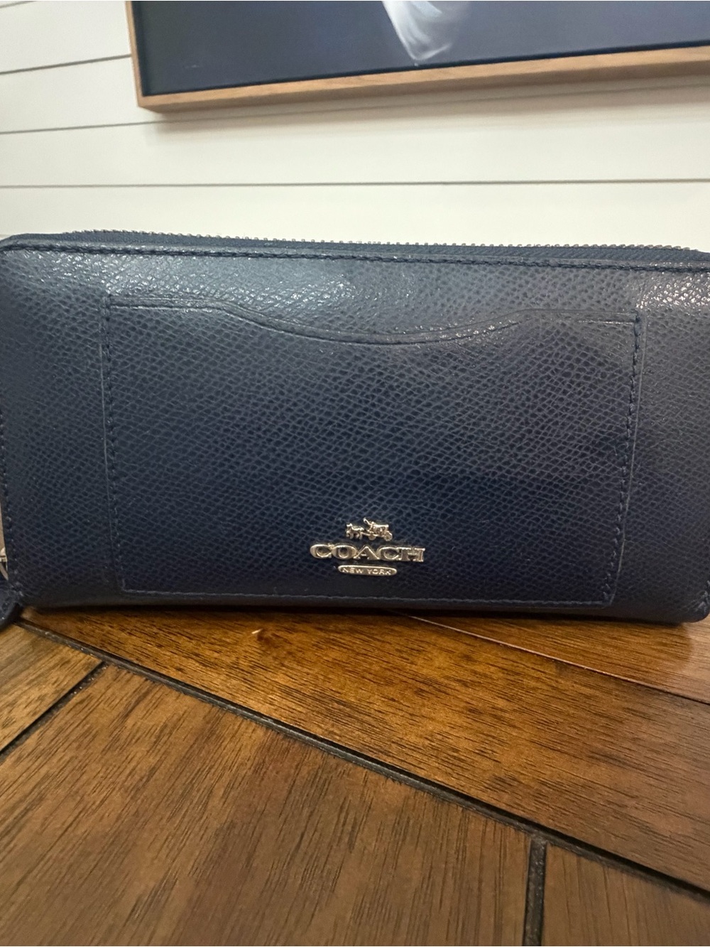 Coach Navy Pebbled Leather Zip Wallet with Exterior Card Pocket